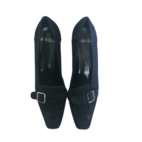 Vaneli Navy Blue Suede Buckle Square-Toe Low Kitten Heel Pumps Women's Size 9M - Picture 3 of 14